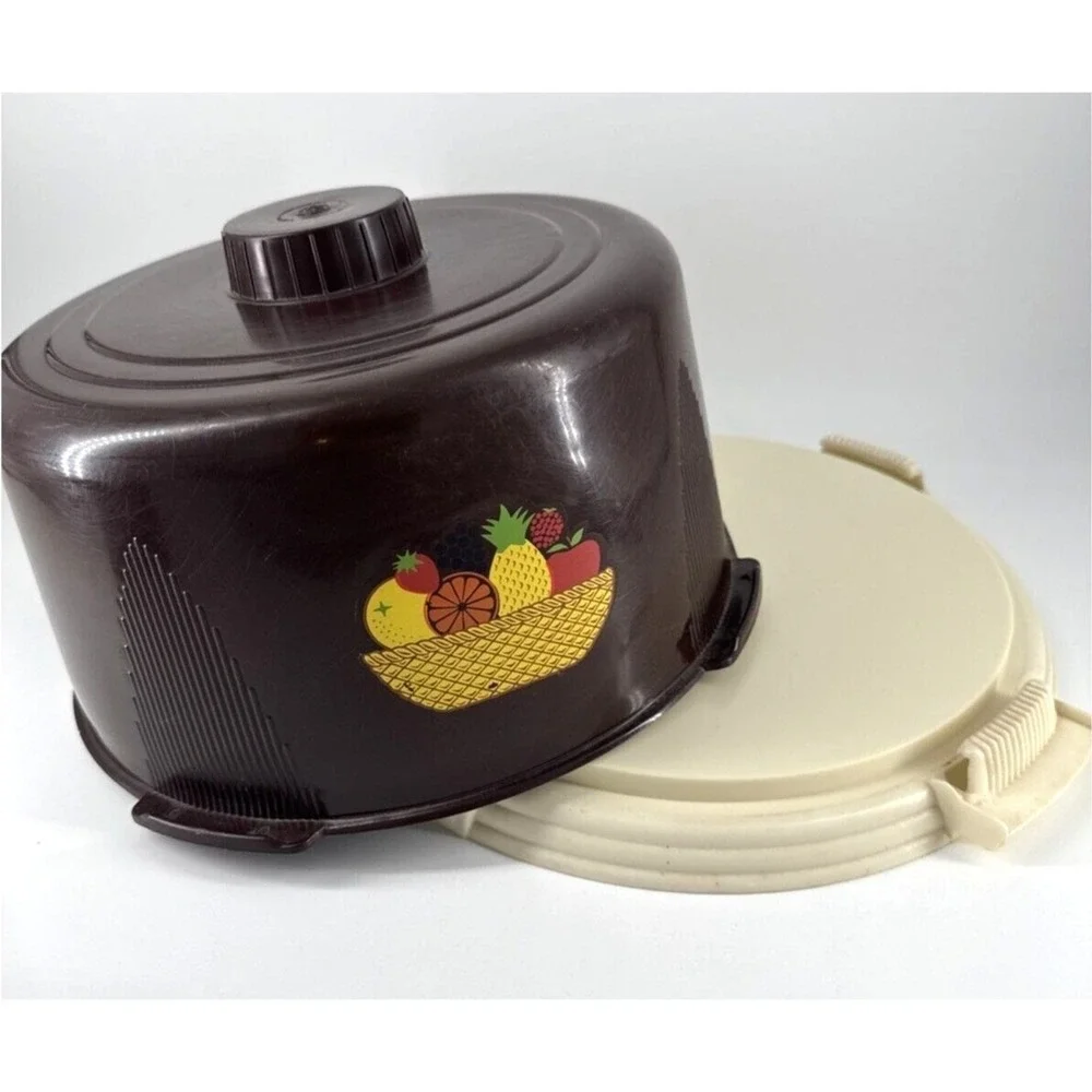 Locking Cake Cover Carrier‎ Lock Lift Brown Plastic w/Fruit Design Retro Vintage